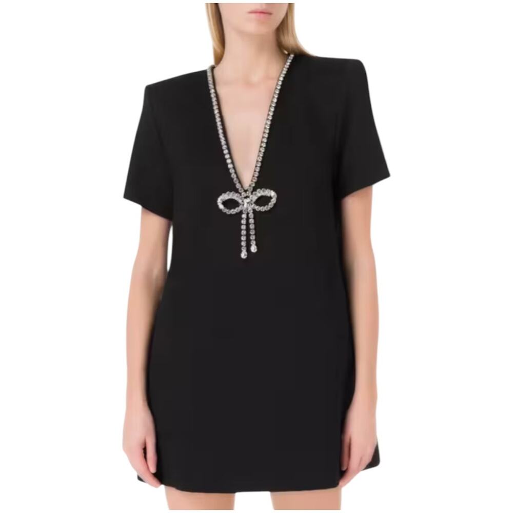 Area Rayon Crystal Embellieshed Jersey V-Neck T-Shirt Dress Black Women's Size S